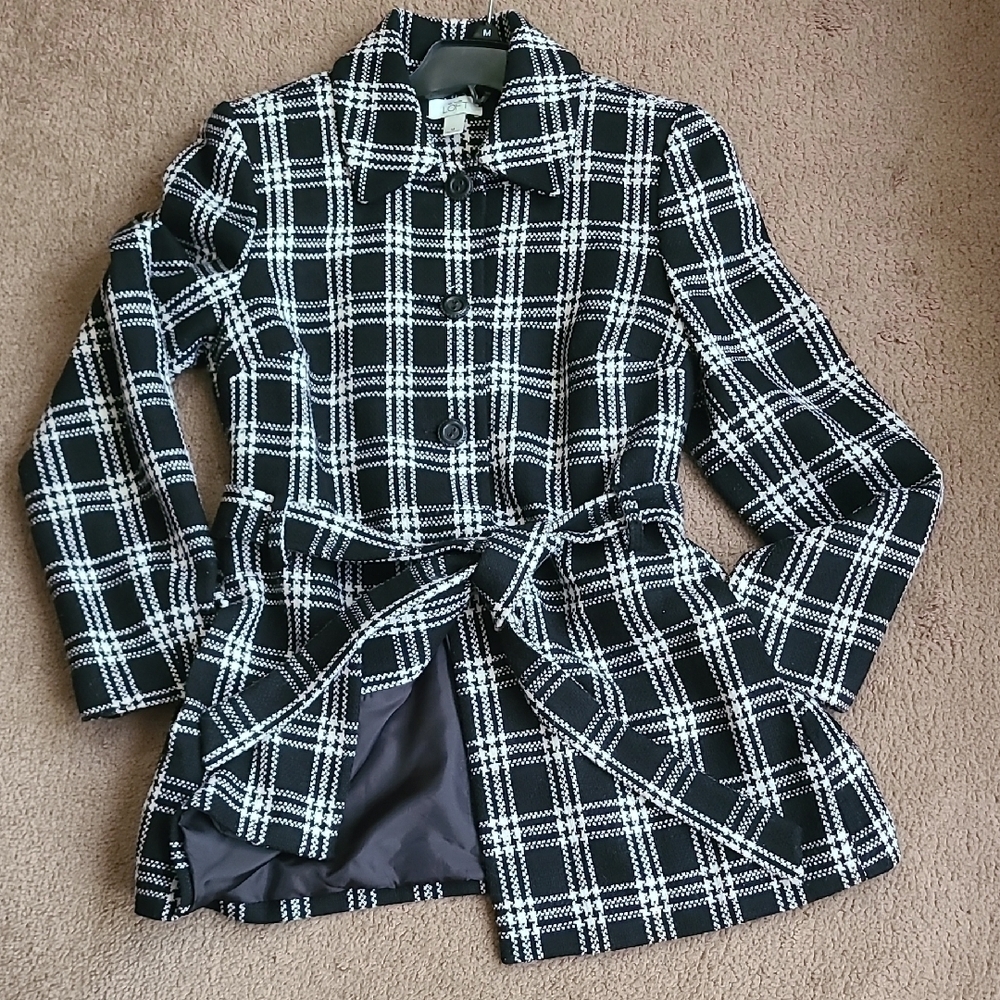 LOFT BY ANN TAYLOR Black and White Plaid Trench Coat Like New.